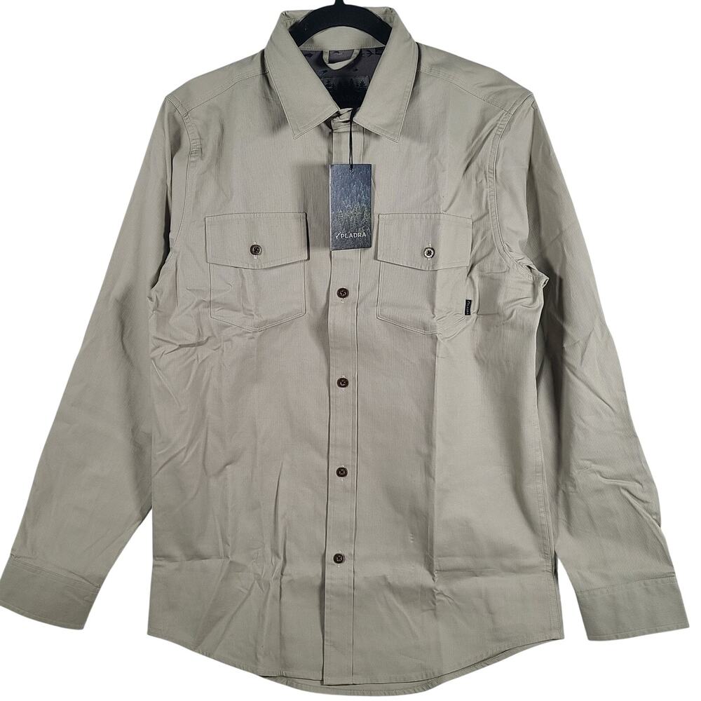 NWT PLADRA Men's Long Sleeve Twill Button Up Work Shirt Khaki Sz M